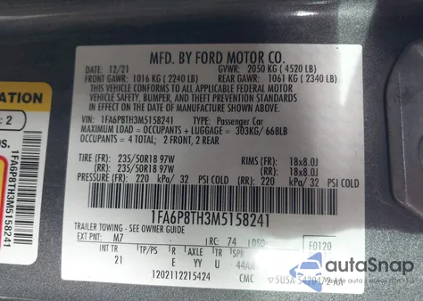 2021 Ford Mustang Ecoboost Fastback из США, поврежденный, VIN 1FA6P8TH3M5158241